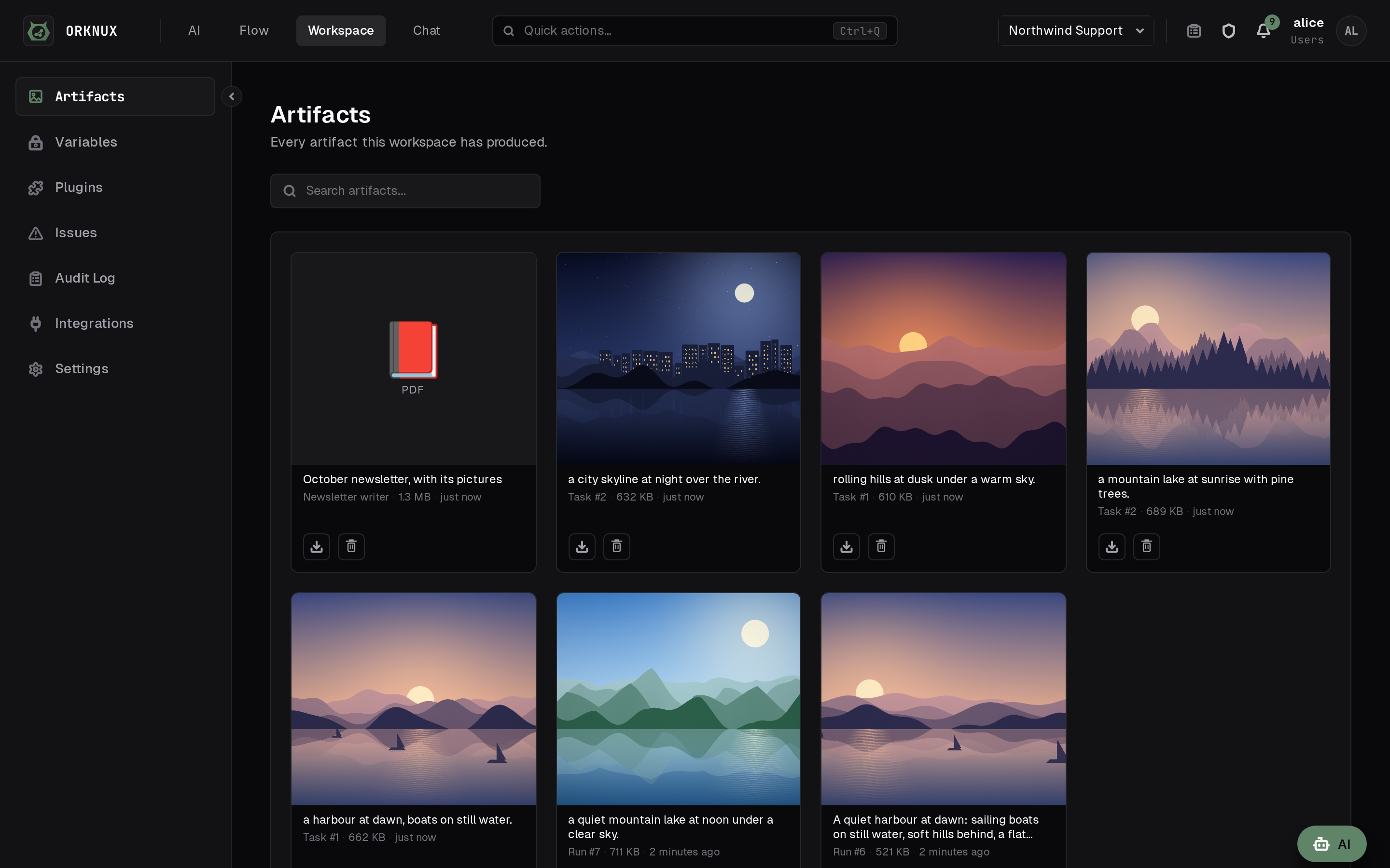 The Artifacts page: the pictures a workspace's runs and tasks drew, and the PDF one of them saved.