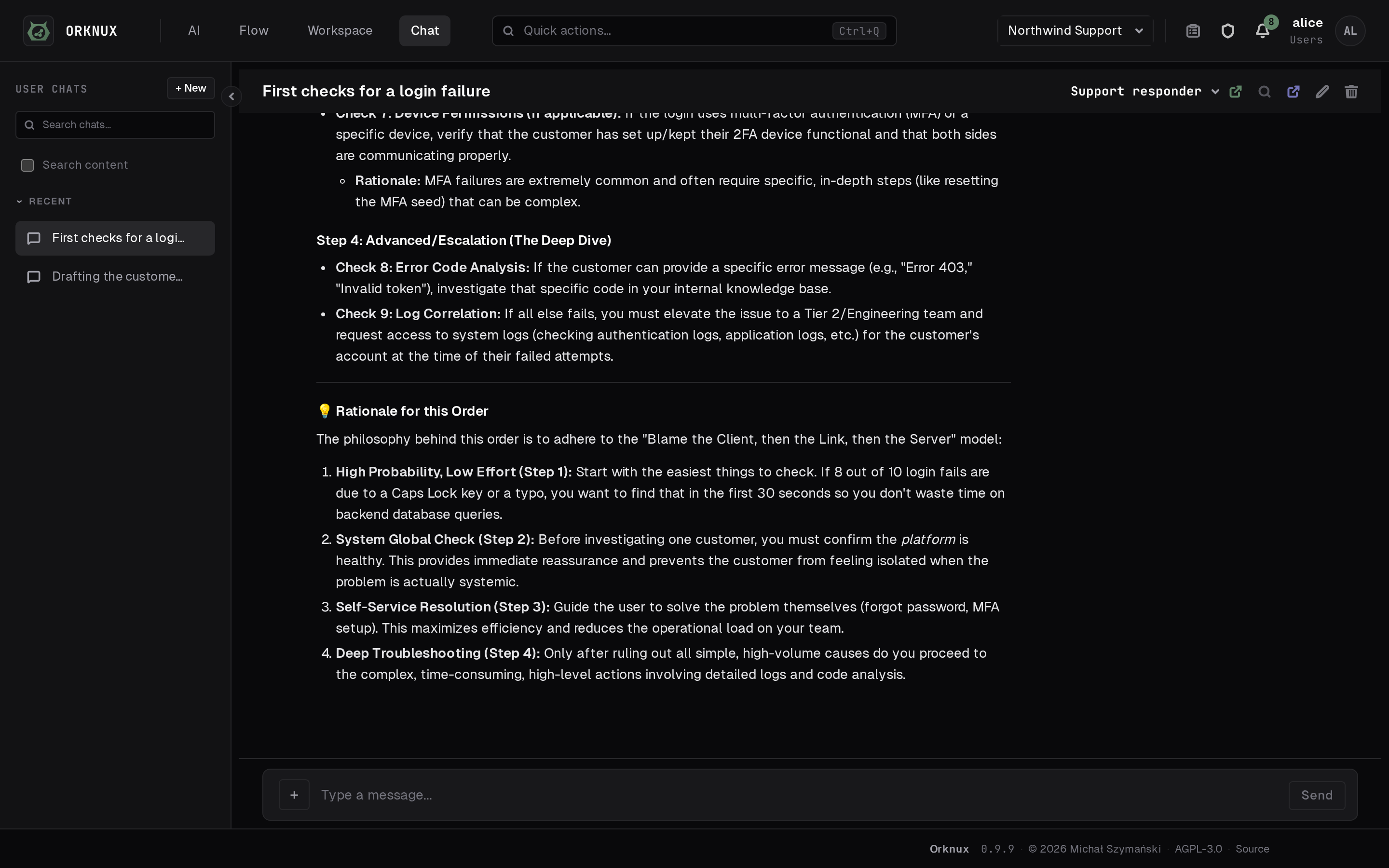 A conversation with an agent: the chats on the left, the thread and its composer.