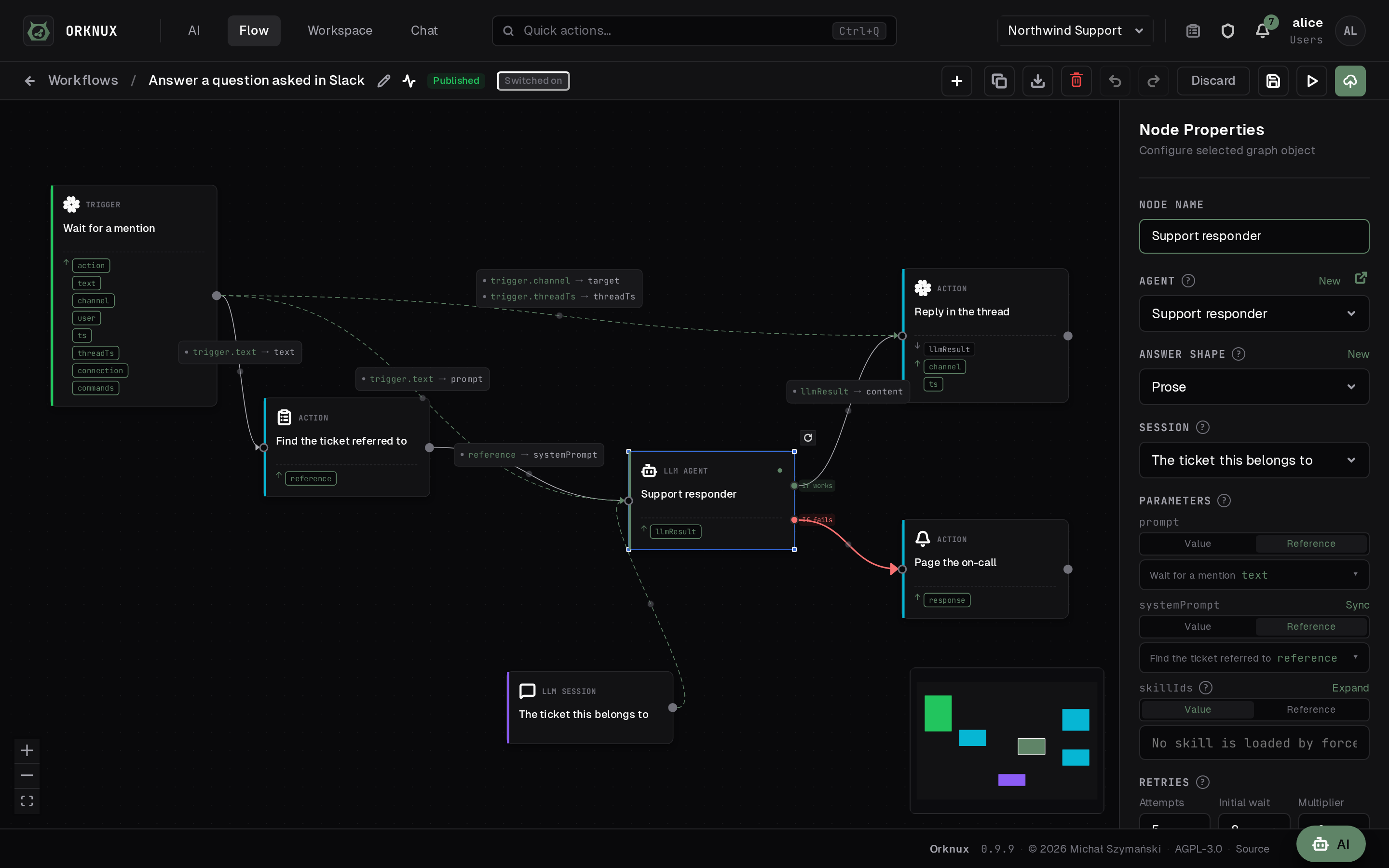 The workflow editor: a trigger, two actions, an agent and the session node naming the conversation it keeps, with the fields each node passes to the next drawn as labelled references, and the selected node's properties — its agent, its parameters, its retries and what to do when it fails — open on the right.