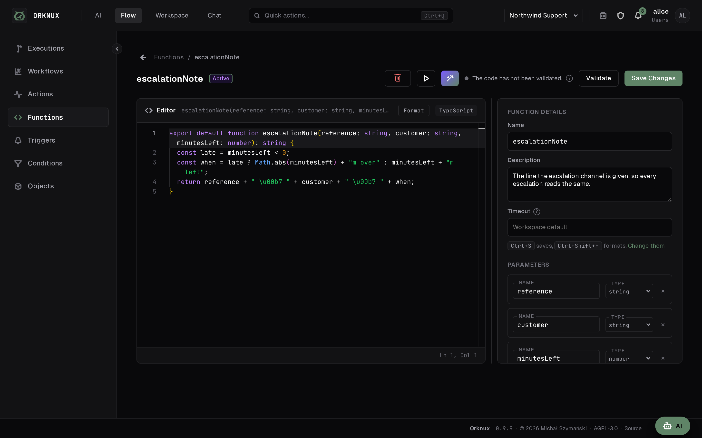 The function editor: JavaScript, its declared parameters, and the result it returns.