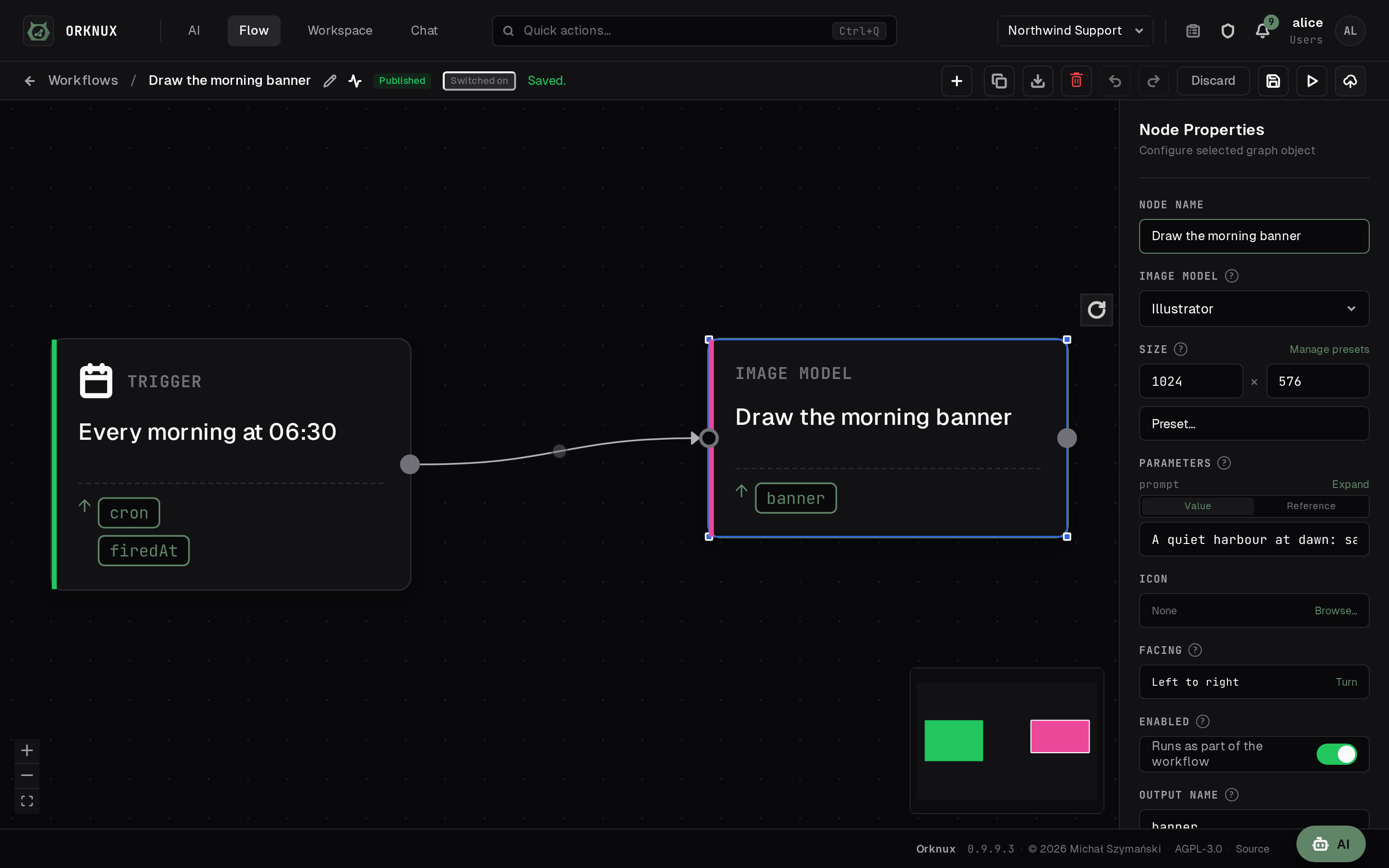 An image node selected in the editor: the model it draws with, the size, and the prompt.