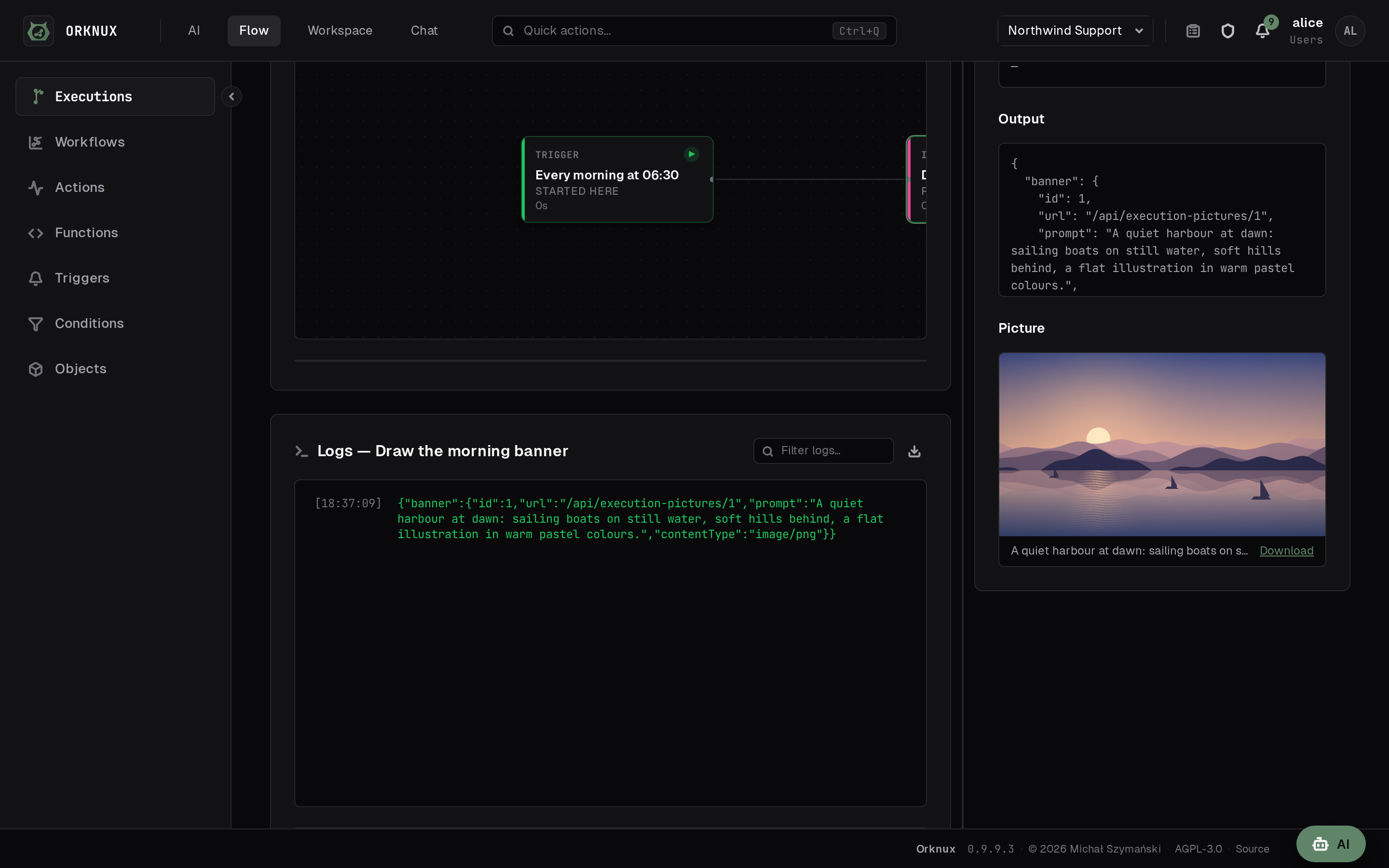 The run where it drew: the picture in the panel of the node that drew it