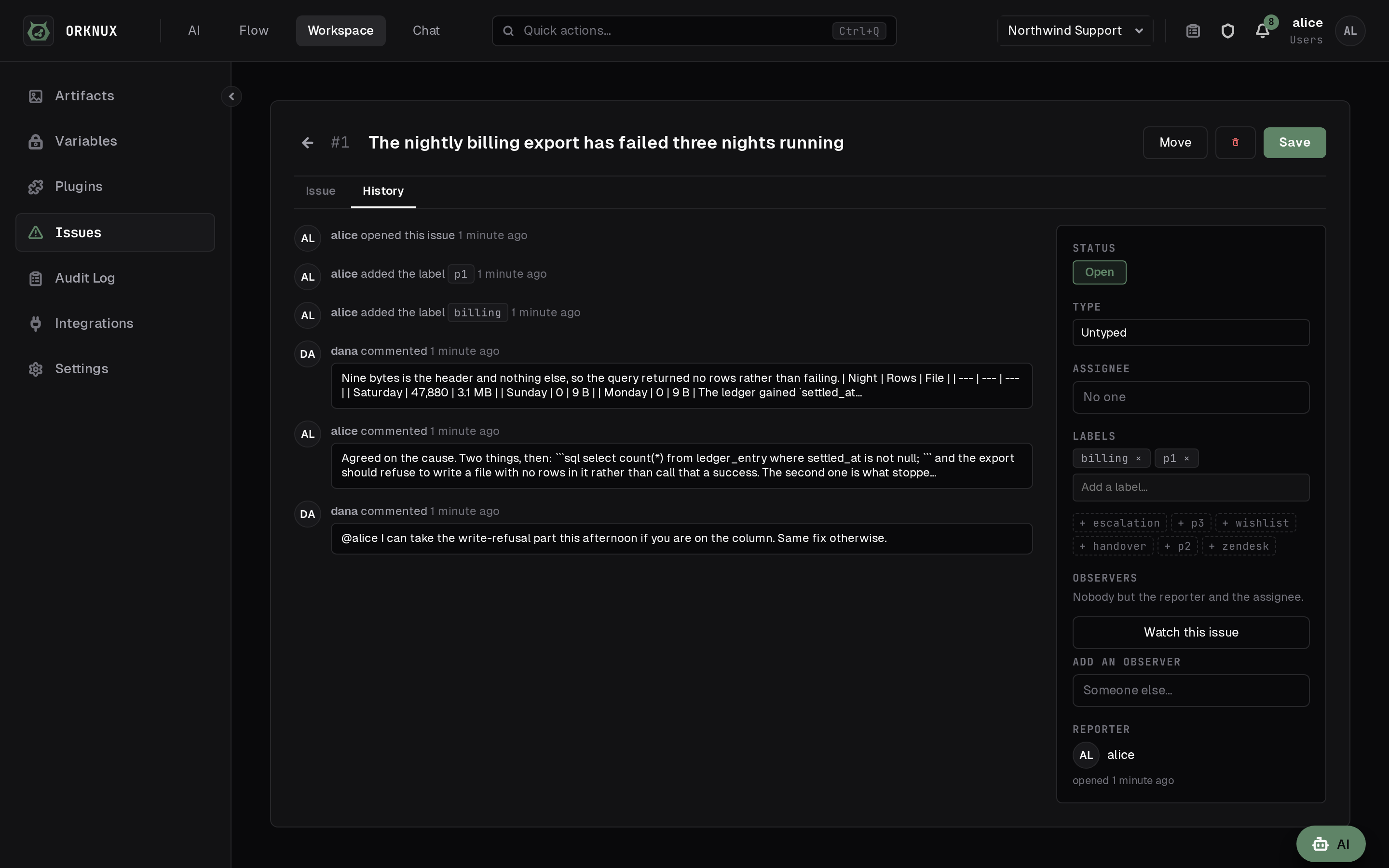 An issue's History tab: who opened it and every comment since, beside its status, labels and the people watching it.
