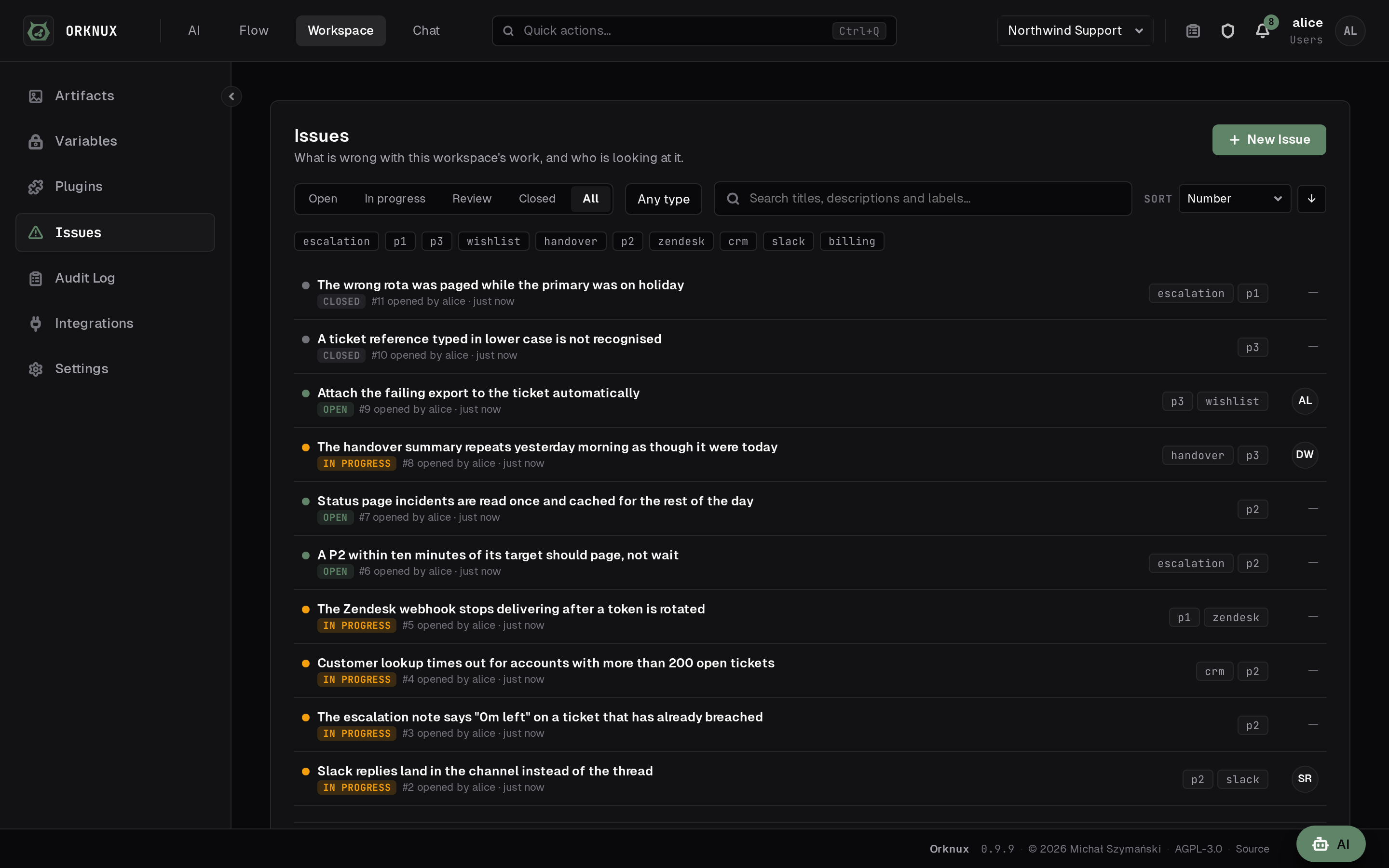 The tracker: the states along the top, one search beside them, and the labels in use underneath.