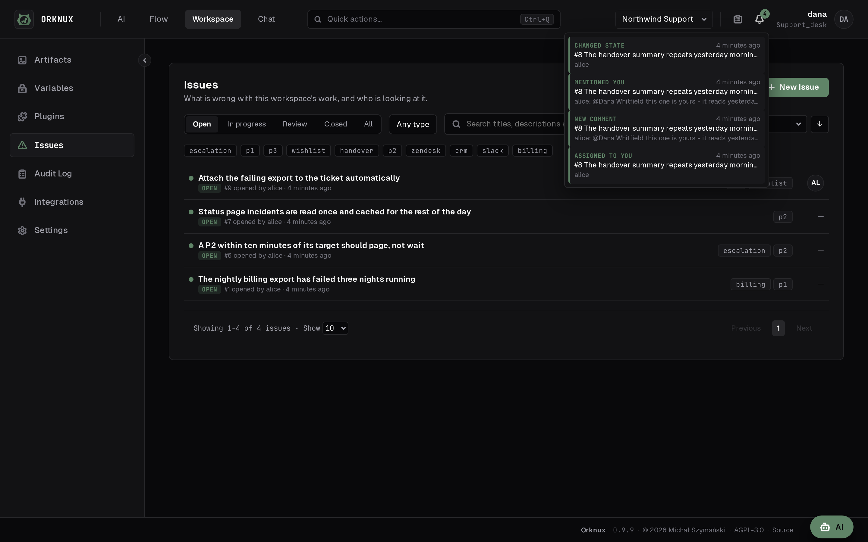 The notification bell, open beside the account menu.