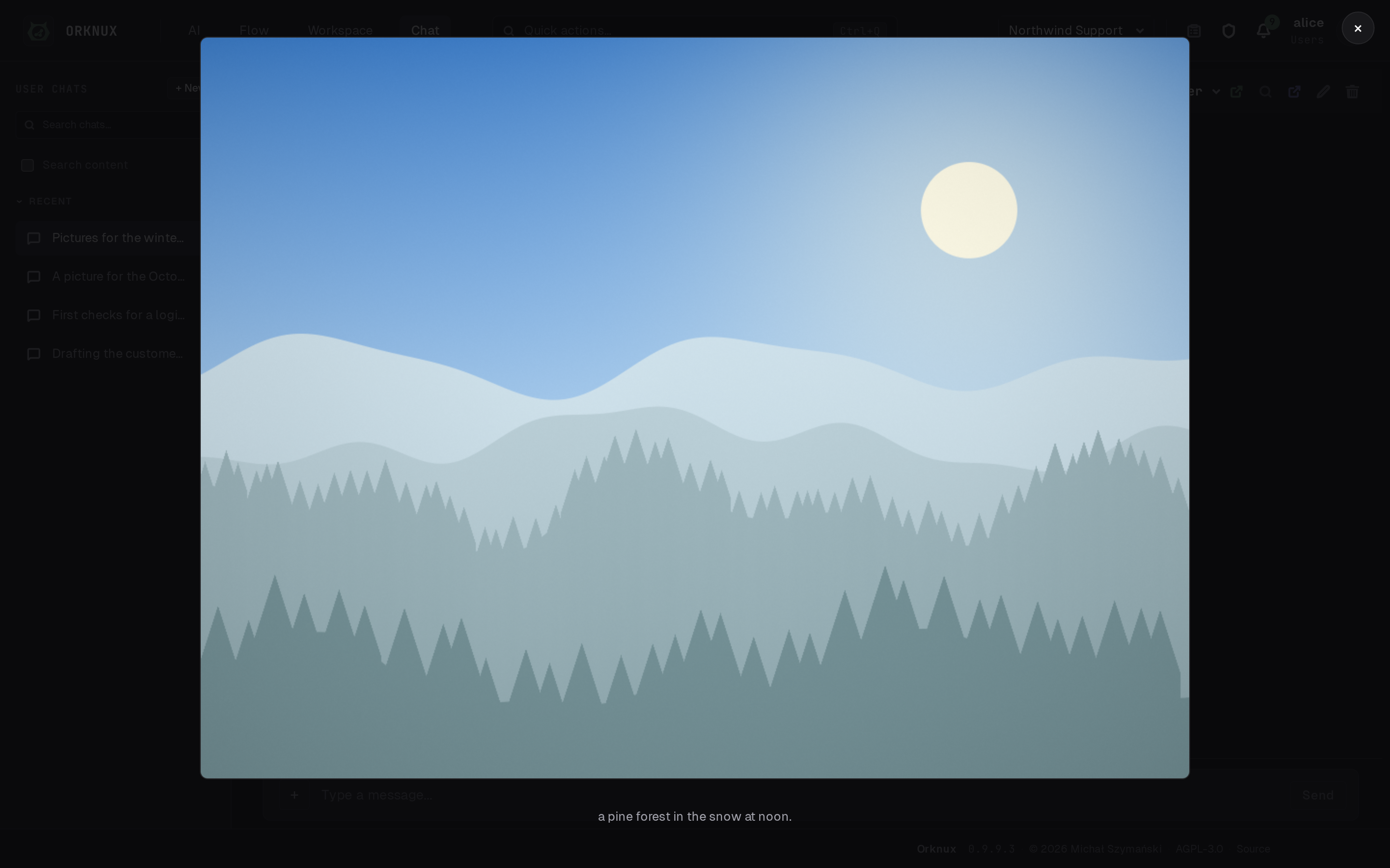 The snowy pine forest from that chat, opened over the
conversation