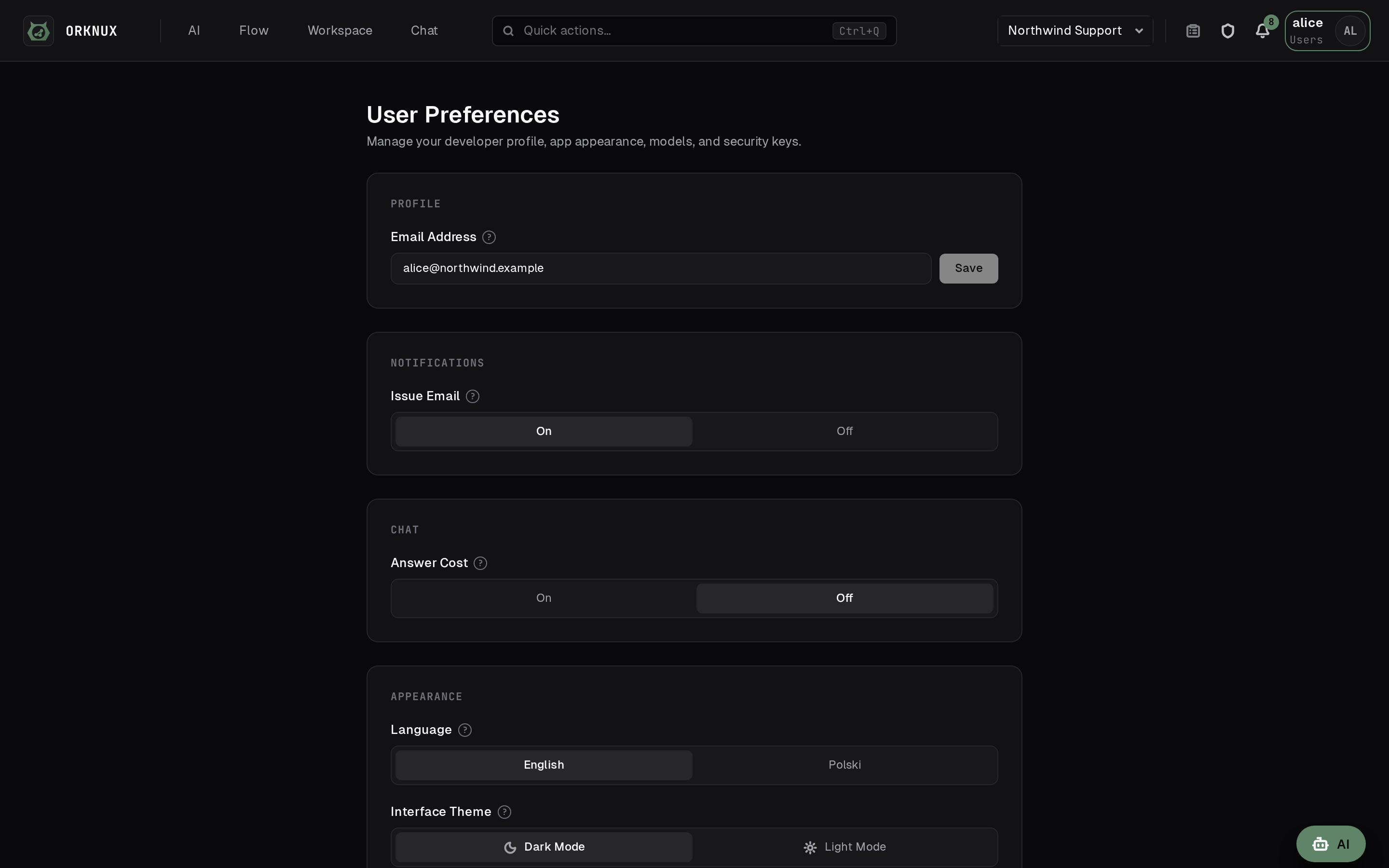 Preferences, which follow whoever signed in rather than the workspace they are in: the theme, the language — English or Polish, including what the server refuses and why — and every keystroke the application listens for.
