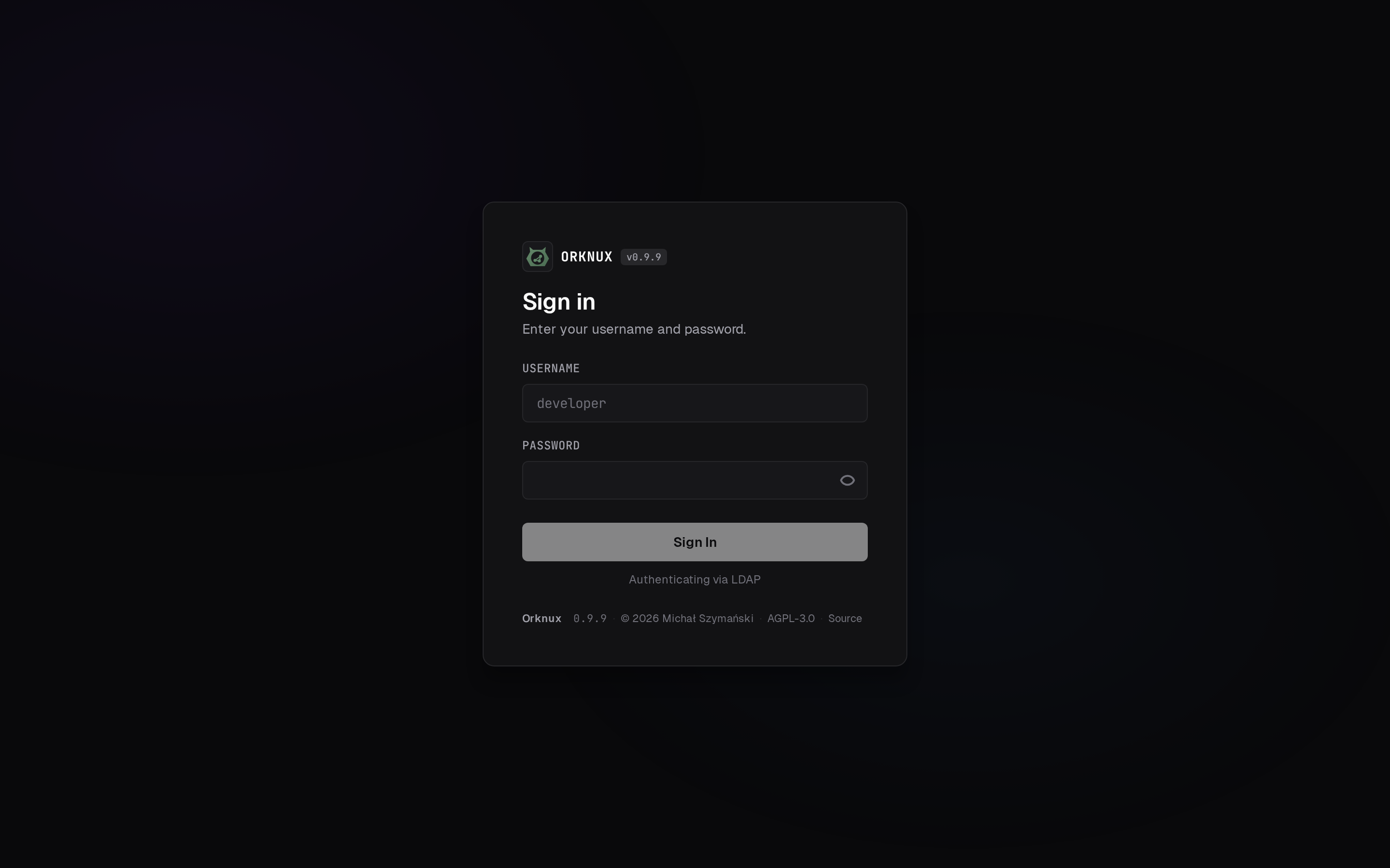 The sign-in screen: a username and password checked against the directory the installation is bound to, with no account created here.
