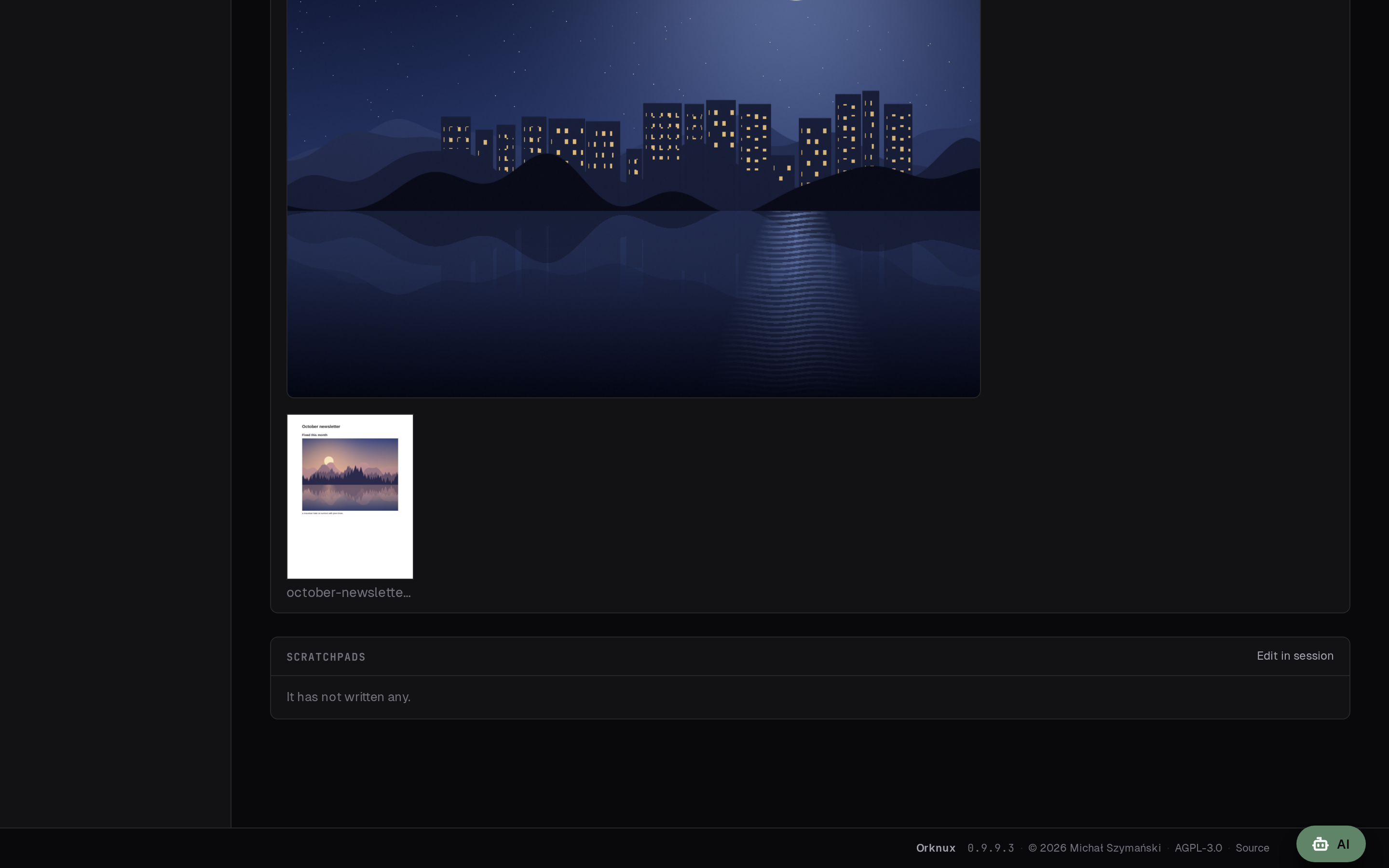 A task that drew a mountain lake and a city at night, laid them out as a PDF and
saved it: under its outcome the pictures, and the saved PDF drawn small by its
first page