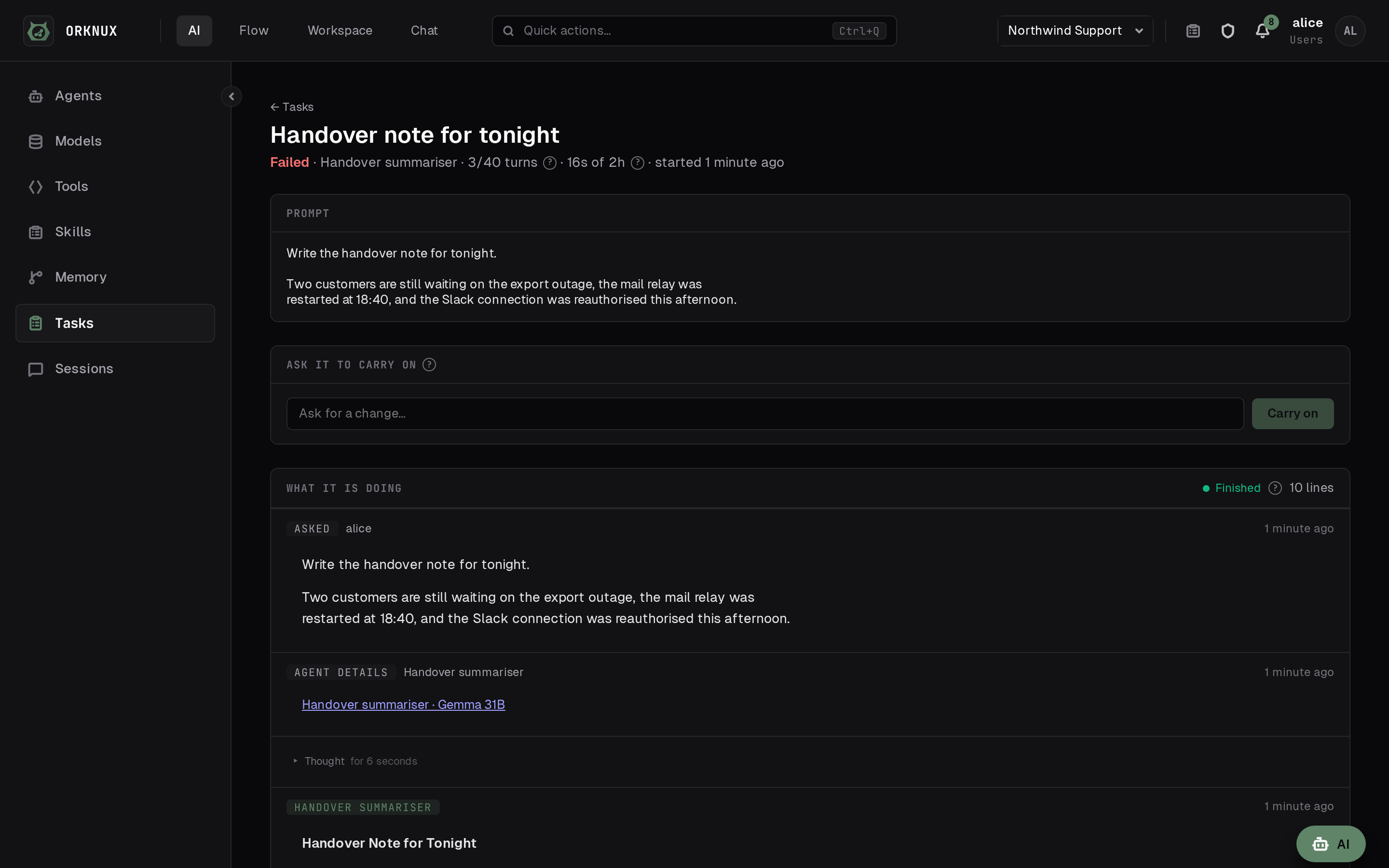 A task being worked on: what the agent is thinking, the tools it called, and what each returned.