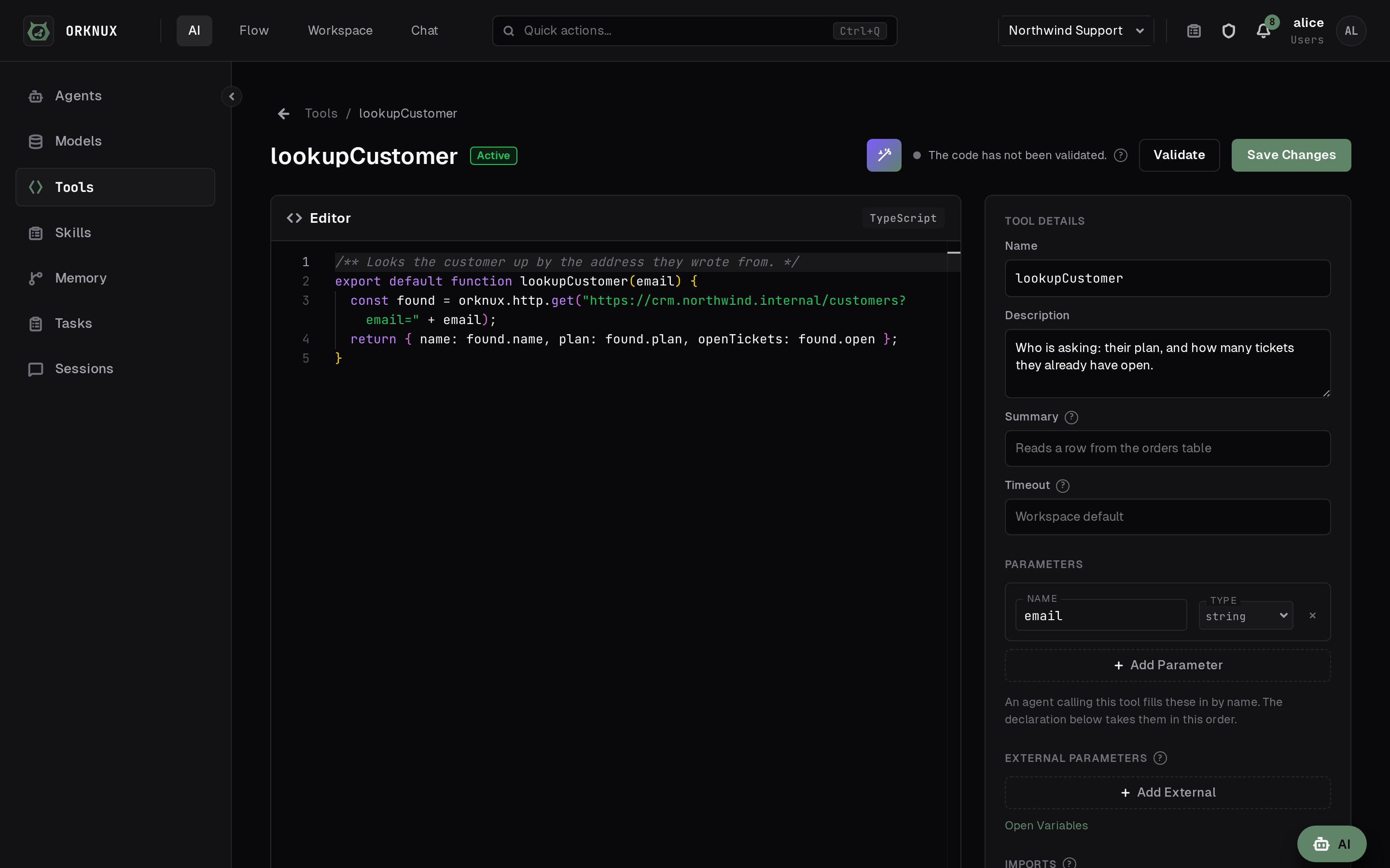 The tool editor: the script an agent calls, and the parameters it declares.