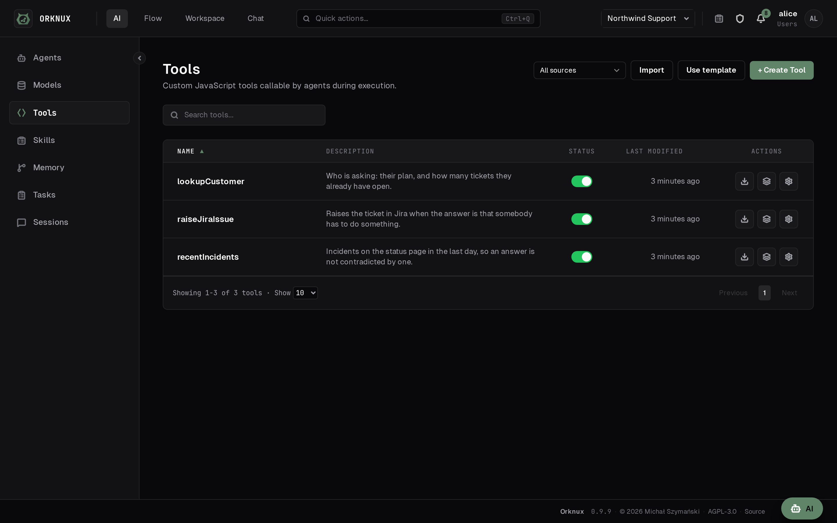 The workspace's tools, each one a script or an MCP server an agent can be granted.