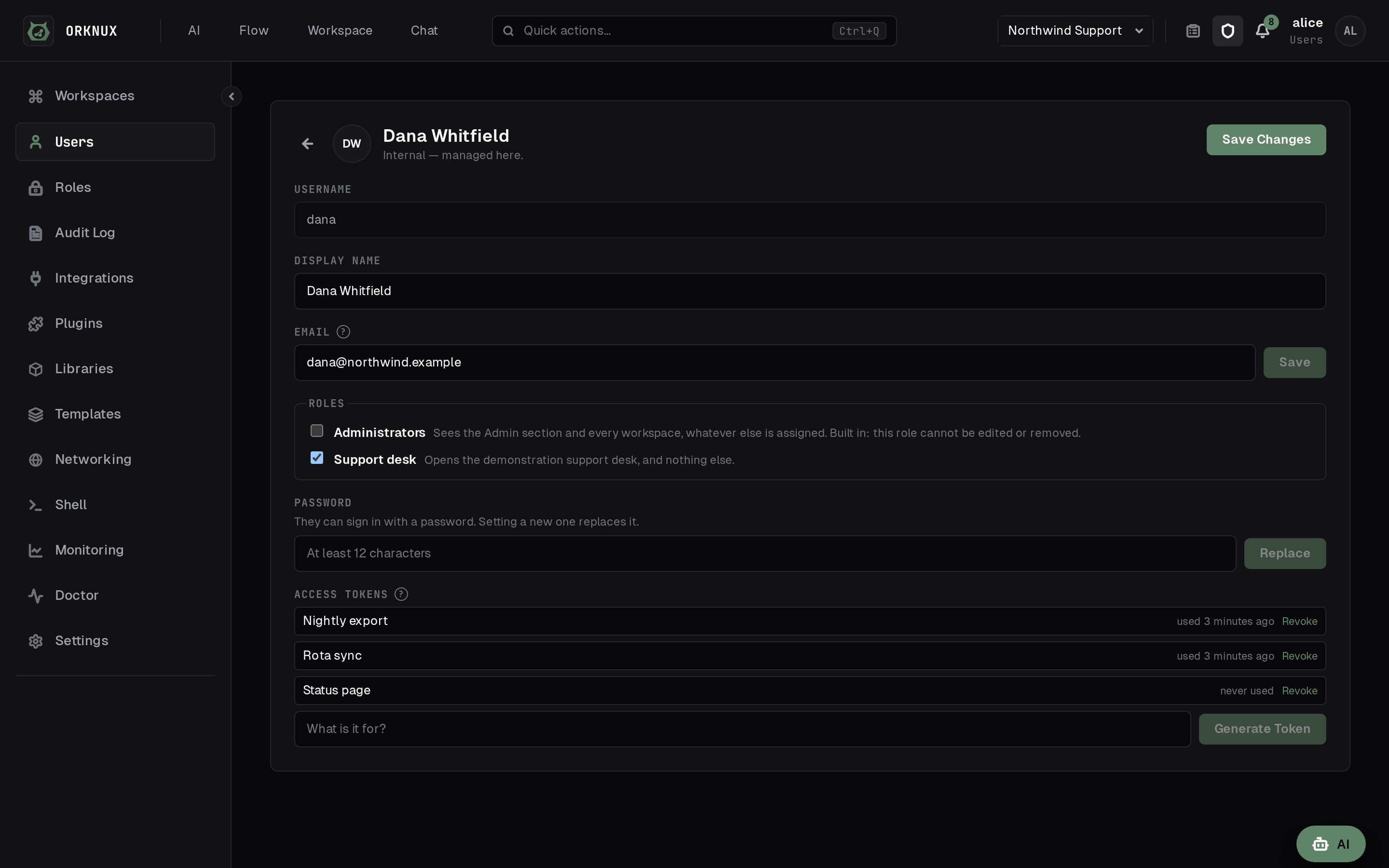 One user: the roles they hold, a password if they need one, and the tokens they carry.