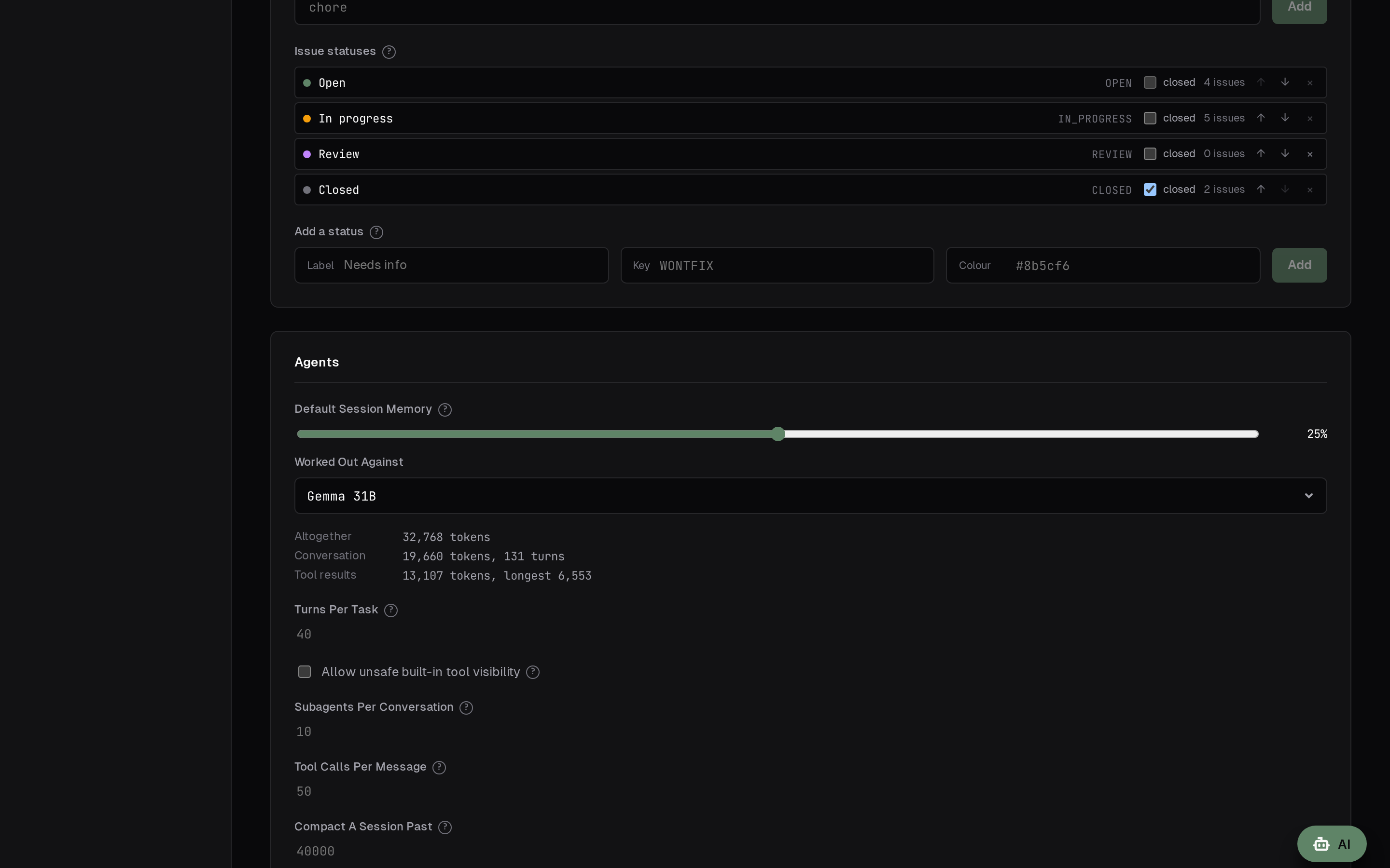Agents in workspace settings: the share every agent that has set none of its
own gets, and the model the figures under it are for